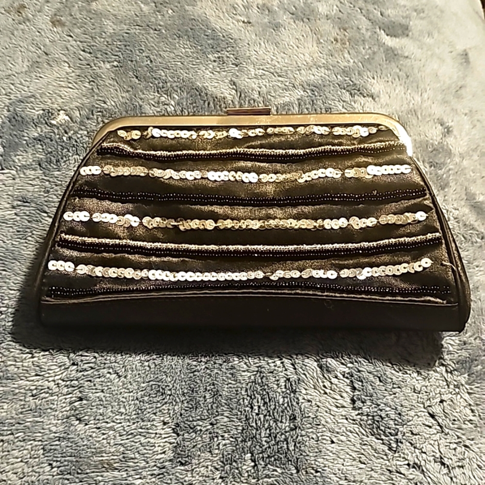 The Gap Black Satin & Silver Sequin Clutch, Push-n-Pull Silvertone Clasp Closure